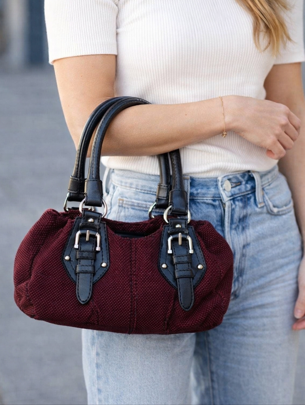 Nine West Y2k  Burgundy Textured Satchel with Black Handles